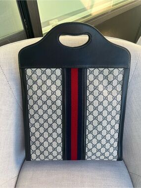 Gucci Old Sherry Line GG Logo Leather Handbag Tote Red Navy blue
